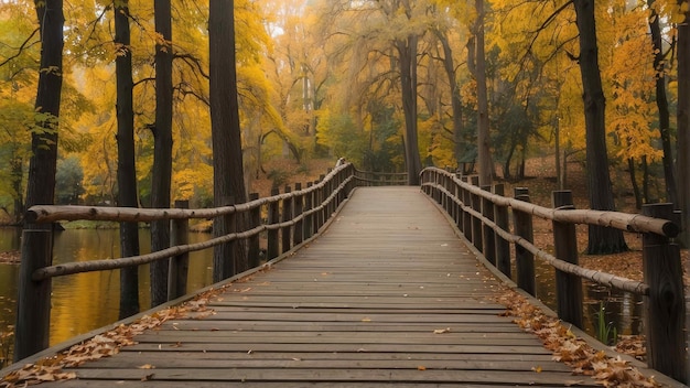 Pont en bois sur l'étang calme dans le parc d'automne