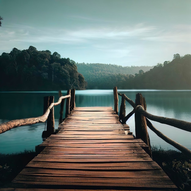 Pont en bois avec fond de lac