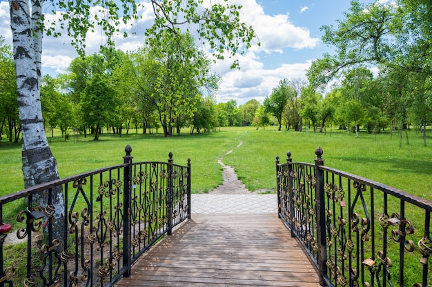 Pont en bois avec garde-corps métalliques