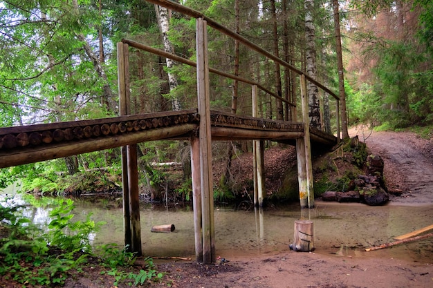 Photo un pont en bois en gros plan sur un ruisseau dans la vue du fond de la forêt