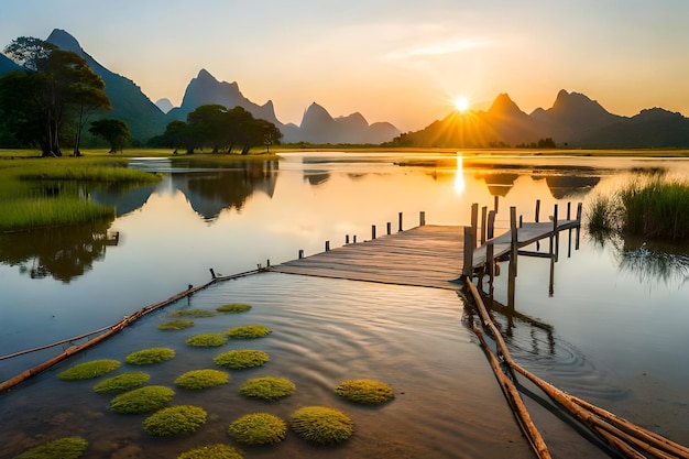 un pont en bois sur un lac au coucher du soleil