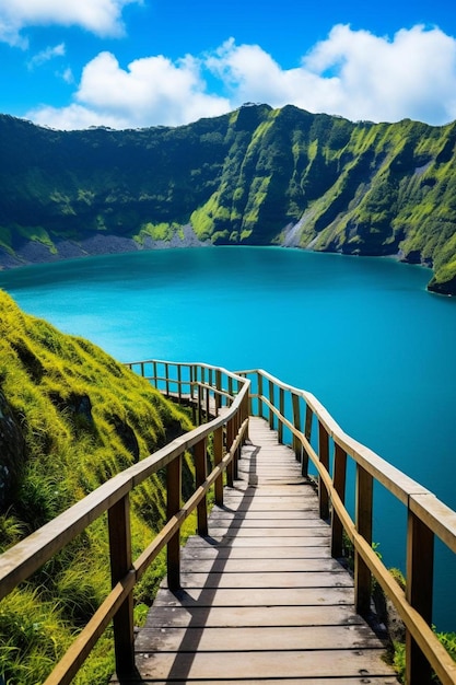 Photo un pont en bois sur un lac bleu avec une surface d'eau bleue