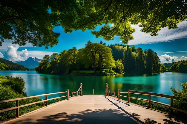 Photo un pont en bois sur un lac avec une forêt en arrière-plan