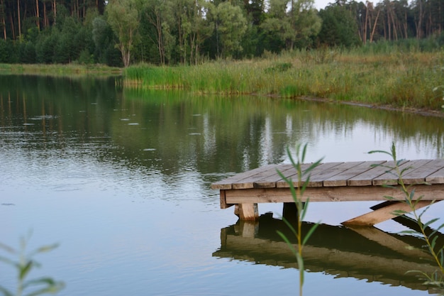 pont en bois sur le lac en jour de pluie avec forêt en arrière-plan