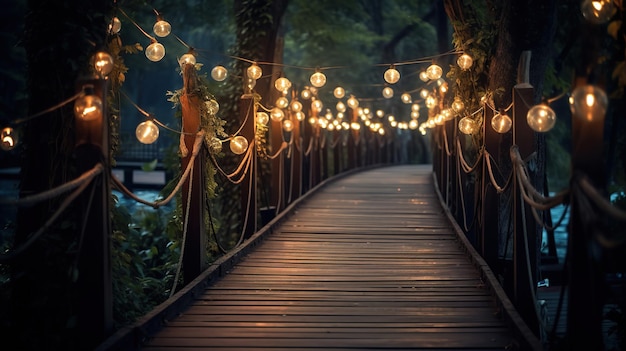 Un pont en bois avec des lumières et une chaîne de lumières en arrière-plan.