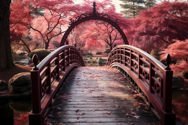 Photo pont en bois menant au jardin de rêve rouge avec un léger brouillard photo de haute qualité