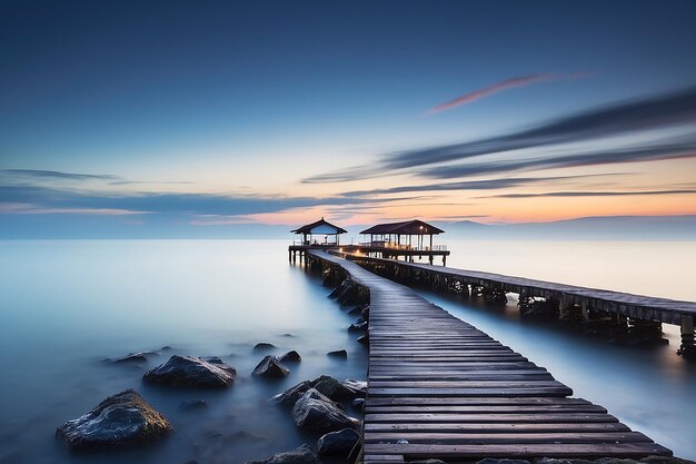 Un pont en bois mène à un lac au coucher du soleil