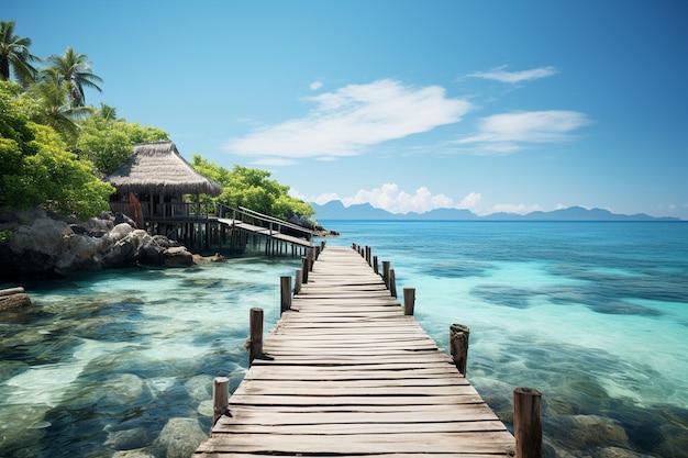 Un pont en bois sur l'océan avec une cabane de plage à l'horizon.