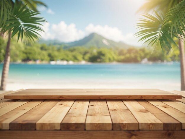 un pont en bois avec des palmiers et une plage en arrière-plan