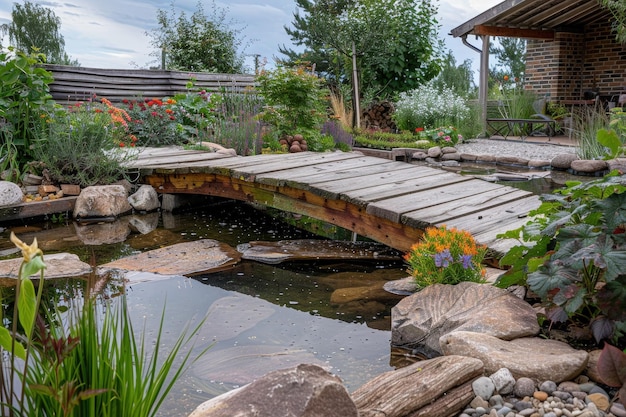 Un pont en bois sur un petit étang dans un jardin