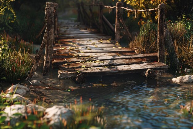 Un pont de bois rustique traversant un ruisseau bavardant