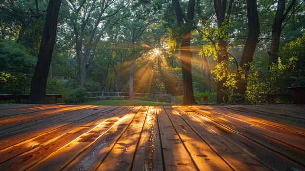 Un pont en bois avec le soleil qui brille à travers les arbres