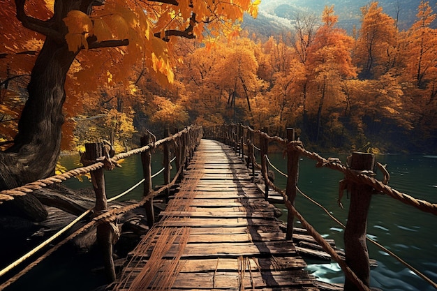 Photo pont en bois à travers la rivière à l'automne