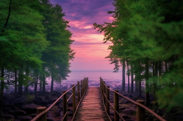 un pont en bois traverse une plage rocheuse