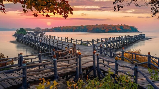 Un pont boisé au bord de la mer avec un ciel au coucher du soleil