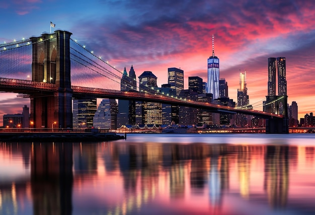 Le pont de Brooklyn et l'horizon du Bas-Manhattan à l'aube