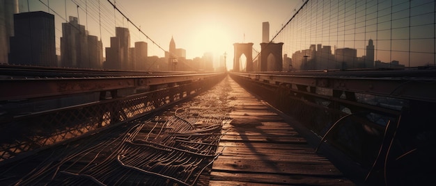 Pont de Brooklyn NY brouillard post apocalypse panorama abandonné art ultrawide destruction vide