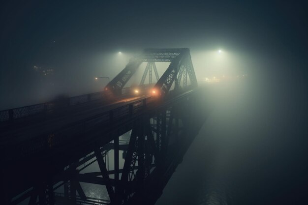 Le pont brumeux avec un réverbère sur le côté Le pont de nuit couvert de brouillard AI générative