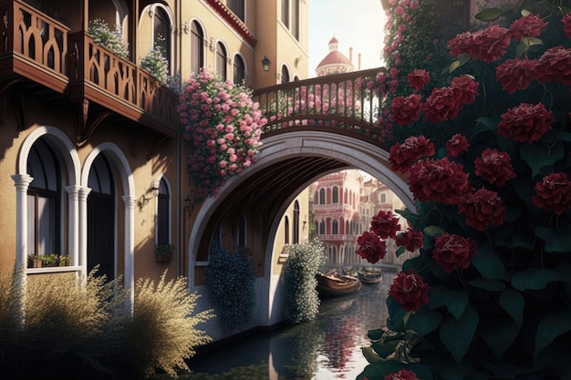 Un pont sur un canal avec des fleurs dessus