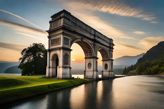 Un pont avec un coucher de soleil en arrière-plan