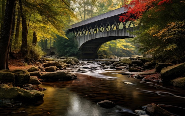 Un pont couvert orne un ruisseau bruyant.