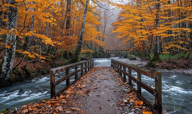 un pont dans les bois avec des feuilles tombées dessus