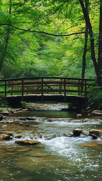 un pont dans les bois avec un pont en arrière-plan