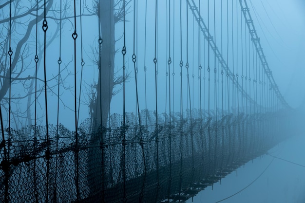 Un pont dans la brume avec un arbre sur le côté gauche