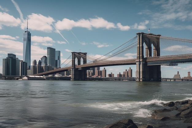 Un pont dans l'eau avec une ville en arrière-plan