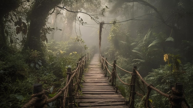 Un pont dans la forêt avec un fond brumeux