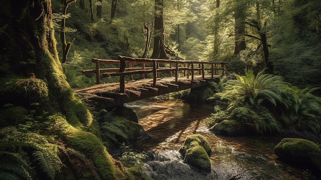 Un pont dans une forêt avec de la mousse et des arbres