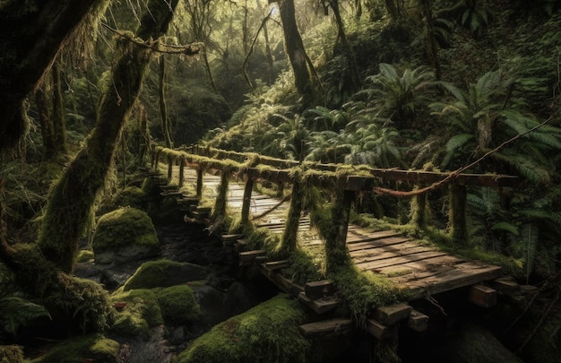 Un pont dans une forêt avec de la mousse et des arbres