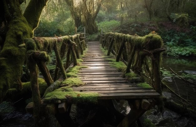 Photo un pont dans la forêt avec de la mousse dessus