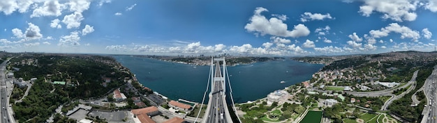 Le pont du Bosphore d'Istanbul et l'horizon de la ville en arrière-plan avec le drapeau turc au beau coucher de soleil