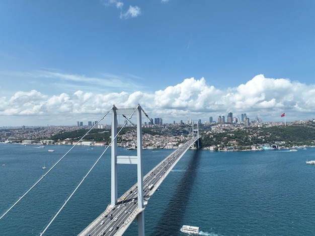 Le pont du Bosphore d'Istanbul et l'horizon de la ville en arrière-plan avec le drapeau turc au beau coucher de soleil