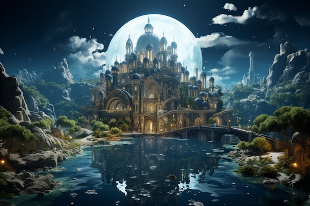 Le pont du château et la rivière sous la pleine lune Le château de la princesse sur la falaise Le château du conte de fées