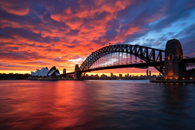 Le pont du port de Sydney et l'horizon de la ville au coucher du soleil Australie Le pont du port de Sydney au coucher du soleil AI généré