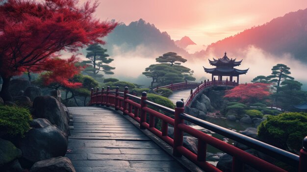 un pont sur l'eau avec une pagode et des arbres