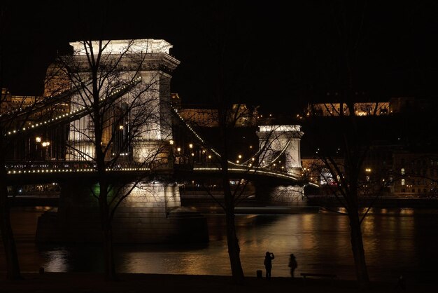 Pont éclairé sur la rivière la nuit