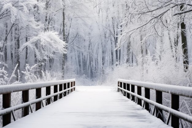 Un pont enneigé menant à un sentier forestier