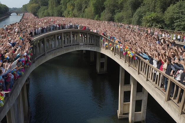 un pont avec des gens dessus et un pont avec une bannière dessus