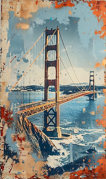 Le pont Golden Gate à San Francisco avec une illustration de texture métallique rouillée Décor d'arrière-plan tendance