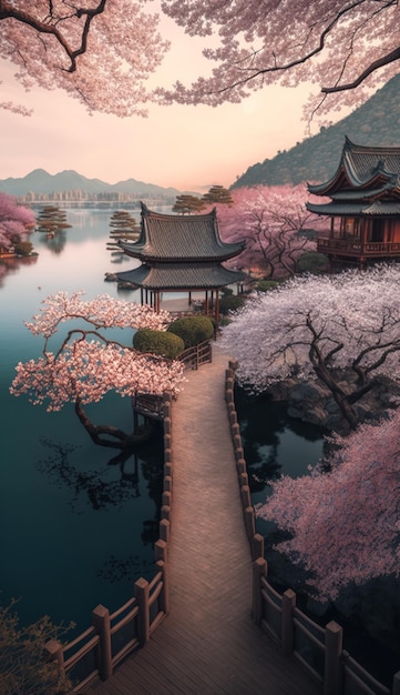 Un pont sur un lac avec des fleurs de cerisier