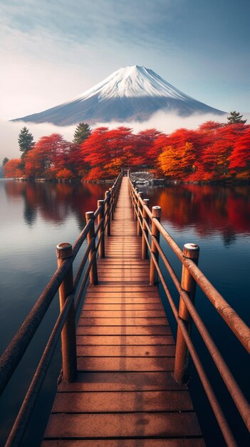 Photo un pont sur un lac avec une montagne en arrière-plan