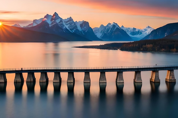 Un pont sur un lac avec des montagnes en arrière-plan