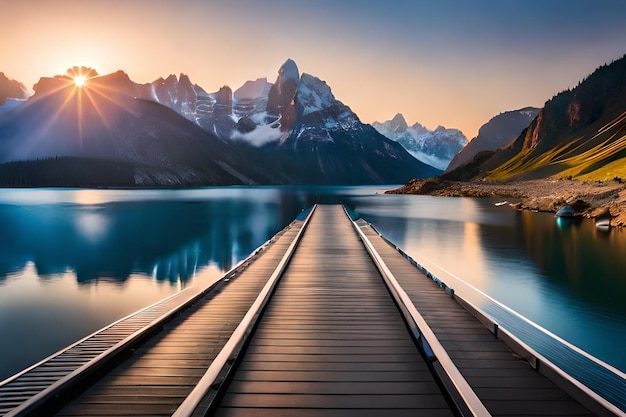 Un pont sur un lac avec des montagnes en arrière-plan