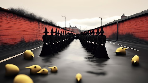 un pont avec un mur rouge et des boules jaunes dessus