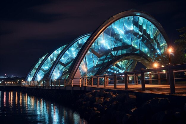 Le pont la nuit est éclairé avec les lumières sur la droite.