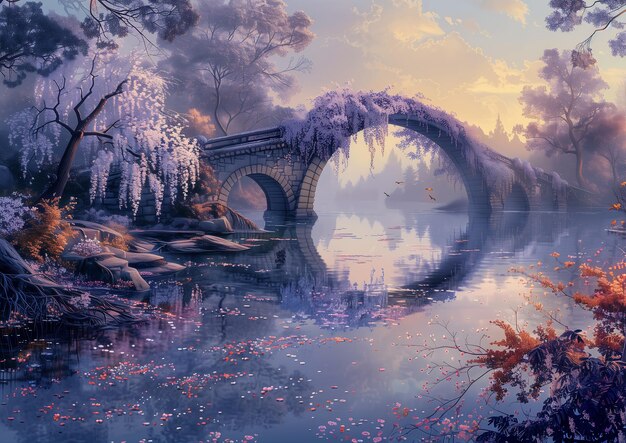 pont oiseau lac volant mignon lilas buissons poilus romantique simple chemin tracé au-delà du miroir puzzle