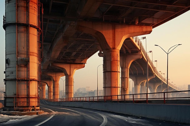 Un pont avec un panneau jaune qui dit « sortie ».